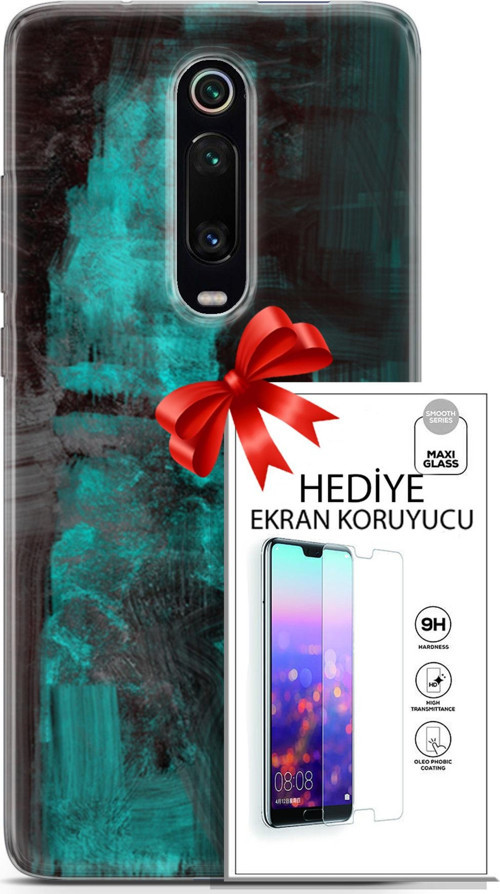 Xiaomi Mi 9T Pro Kılıf Orijinal Seri Nature 11 Yeşil Siyah 4K Baskılı Kılıf + Ekran Koruyucu Full Koruma