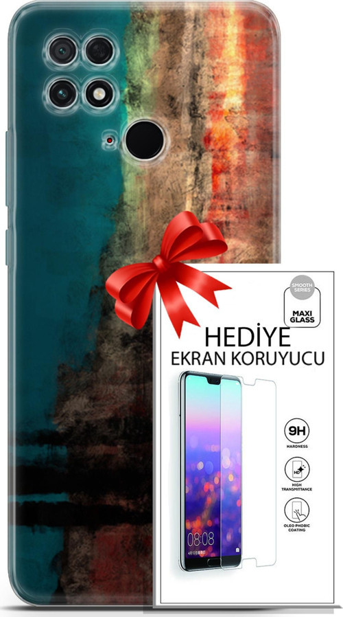 Xiaomi Poco C40 Kılıf Orijinal Seri Nature 03 Yeşil Turuncu Taş Arka Kapak + Ekran Koruyucu