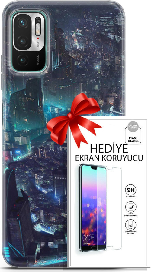 Xiaomi Redmi Note 10 5G Kılıf Orijinal Seri Cyberpunk 17 Işıklı Şehir Yumuşak Kılıf + Ekran Koruyucu