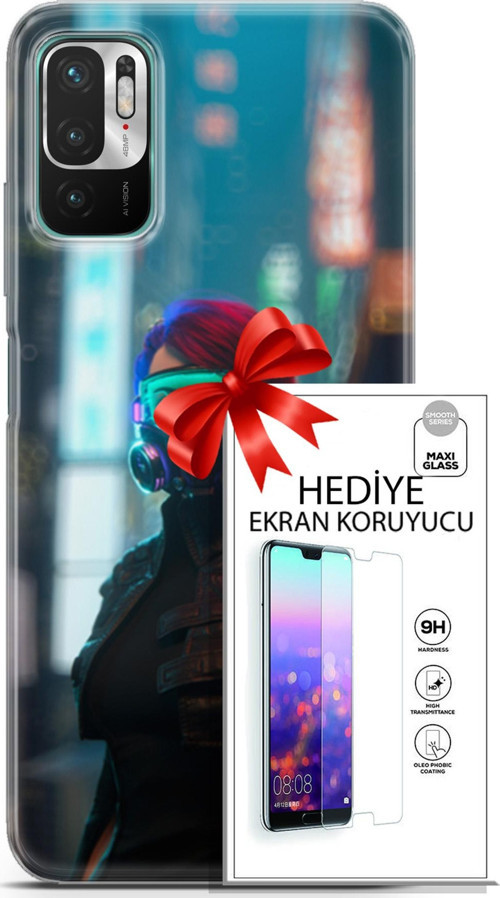 Xiaomi Redmi Note 10 5G Kılıf Orijinal Seri Cyberpunk 04 Vr Glass Silikon Kılıf + Ekran Koruyucu Ful