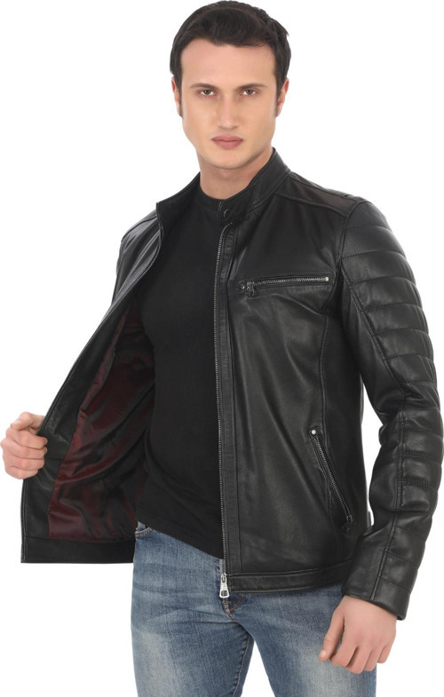 Erkek Hakiki Kuzu Derisi Ceket Siyah Biker Mont Kapitone Kollu Slim Fit El Yapımı Şık Deri Ceket