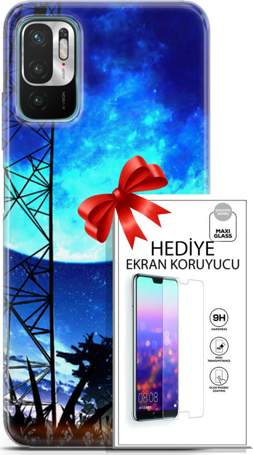 Xiaomi Redmi Note 10 5G Kılıf Orijinal Seri Fantasy 24 Mavi Ay Darbe Emici Kılıf + Ekran Koruyucu