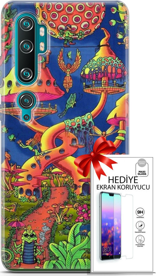 Xiaomi Mi Note 10 Kılıf Orijinal Seri Cardano 05 Mantar Evler Koruma Kılıfı + Ekran Koruyucu