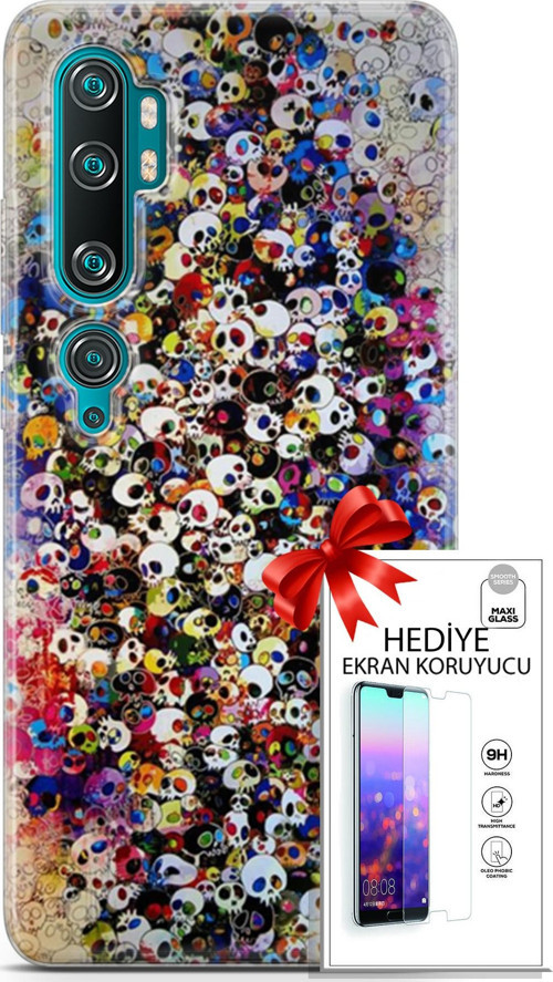 Xiaomi Mi Note 10 Kılıf Orijinal Seri Cardano 08 Kurukafalar Baskılı Kılıf + Ekran Koruyucu