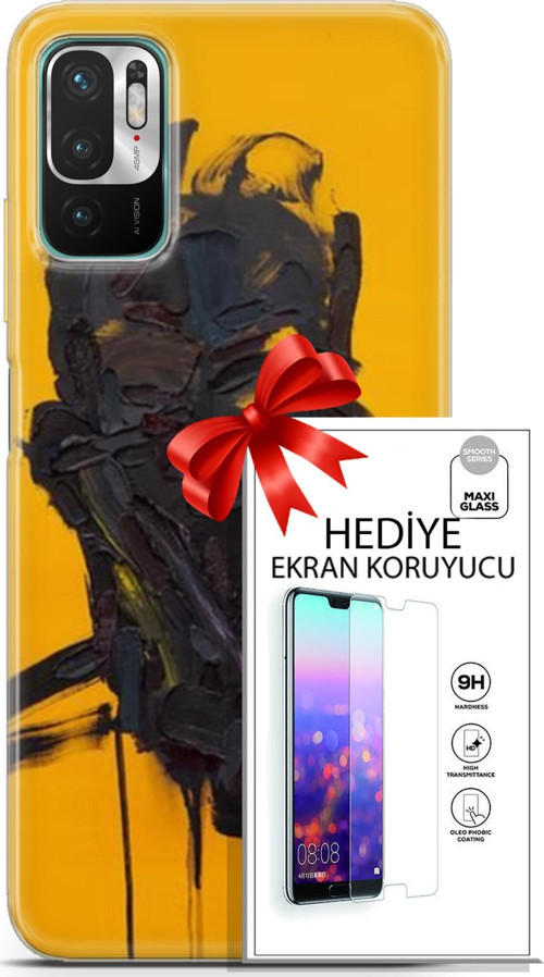 Xiaomi Redmi Note 10 5G Kılıf Orijinal Seri Soul 07 Sarı Siyah Desenli Kılıf + Ön Ekran Koruyucu