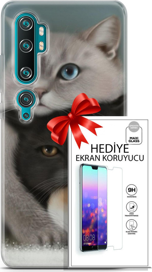 Xiaomi Mi Note 10 Kılıf Orijinal Seri Scotish-British 13 Beyaz Gri Kahve Kediler Case Kapak Ekran Koruyucu