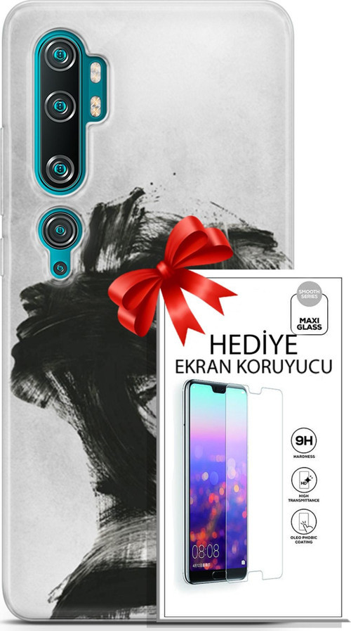 Xiaomi Mi Note 10 Kılıf Orijinal Seri Soul 05 Karakalem Koruma Kılıfı + Ekran Koruyucu