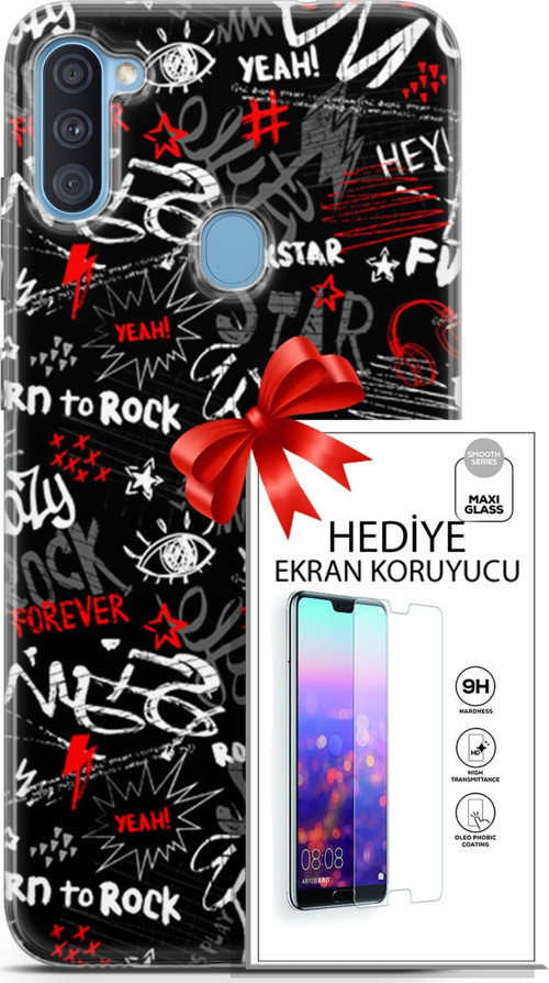 Samsung Galaxy A11 Kılıf Orijinal Seri Punky 25 Yeah Rock Soyulmayan Kılıf + Ekran Koruyucu Full Koruma