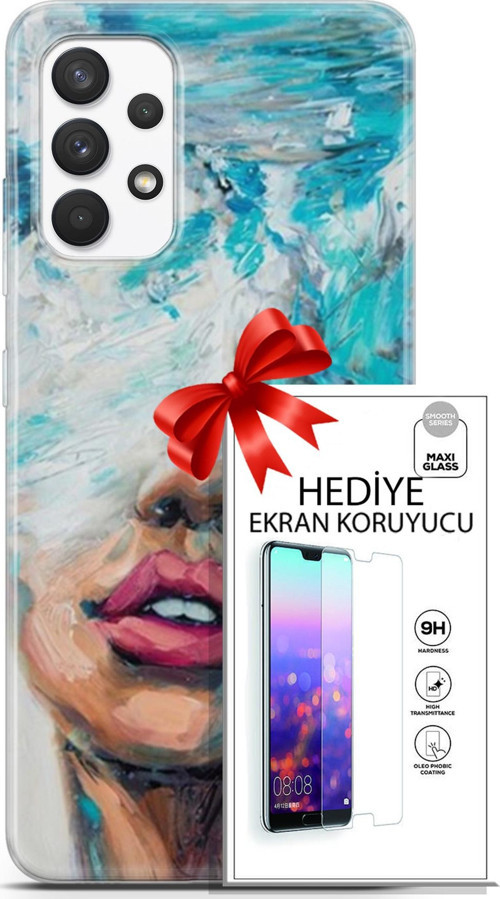 Samsung Galaxy A13 4G Kılıf Orijinal Seri Soul 12 Beyaz Mavi Tasarım Kılıf + Ekran Koruyucu