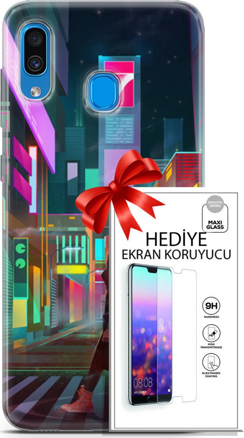 Samsung Galaxy A20 Kılıf Orijinal Seri Cyberpunk 05 Neon City Koruma Kılıfı + Ekran Koruyucu