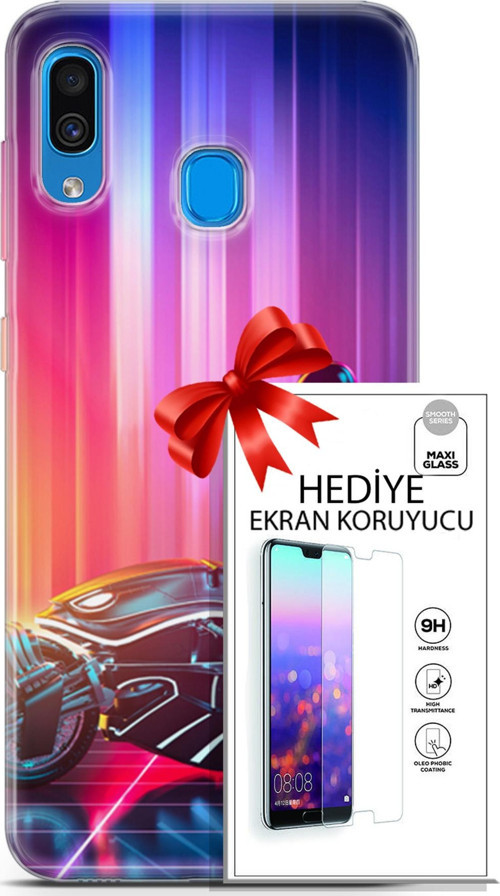 Samsung Galaxy A20 Kılıf Orijinal Seri Cyberpunk 08 Punk Motorsiklet Baskılı Kılıf + Ekran Koruyucu