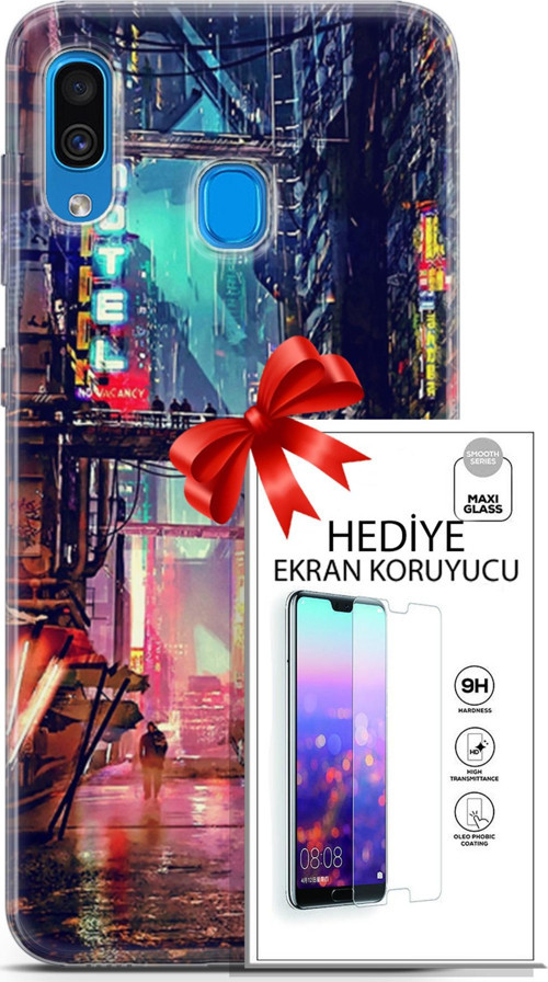Samsung Galaxy A20 Kılıf Orijinal Seri Cyberpunk 14 Motel Cover Kılıf + Ön Ekran Koruyucu