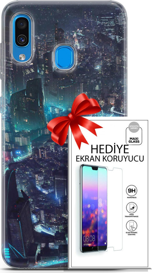 Samsung Galaxy A20 Kılıf Orijinal Seri Cyberpunk 17 Işıklı Şehir Yumuşak Kılıf + Ekran Koruyucu