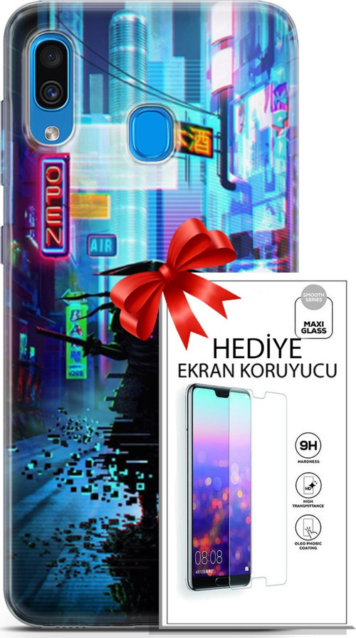 Samsung Galaxy A20 Kılıf Orijinal Seri Cyberpunk 29 Open Leke Tutmaz Kapak + Ekran Koruyucu