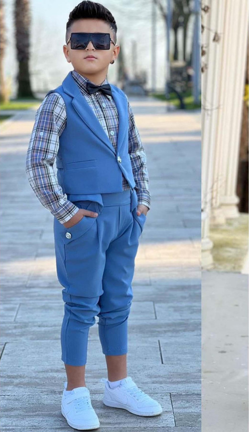 Erkek Çocuk Gümüş Düğme Detaylı Yelek Papyonlu Ekose Çizgili Gömlek Mavi Alt Üst Takım