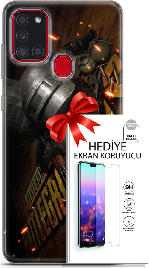 Samsung Galaxy A21S Kılıf Orijinal Seri Pubg 18 Tabela Parlak Kılıf + Ekran Koruyucu Full Korumak