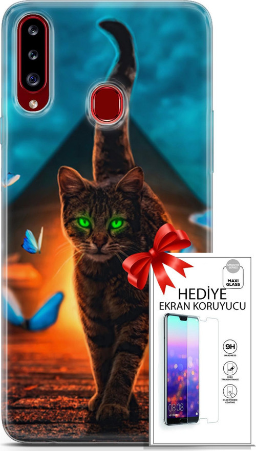 Samsung Galaxy A20S Kılıf Orijinal Seri Algorand 09 Yeşil Neon Kedi Uv Kılıf Ve Ekran Koruyucu