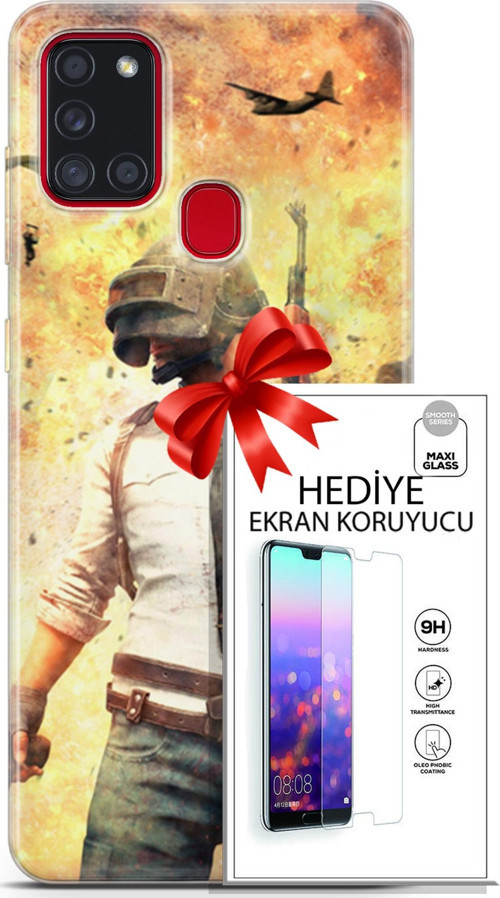 Samsung Galaxy A21S Kılıf Orijinal Seri Pubg 29 Uçak Paraşüt Leke Tutmaz Kapak + Ekran Koruyucu
