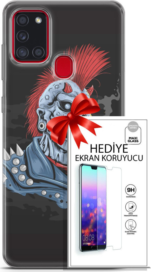 Samsung Galaxy A21S Kılıf Orijinal Seri Punky 04 Punk Skeleton Silikon Kılıf + Ekran Koruyucu Full Koruma
