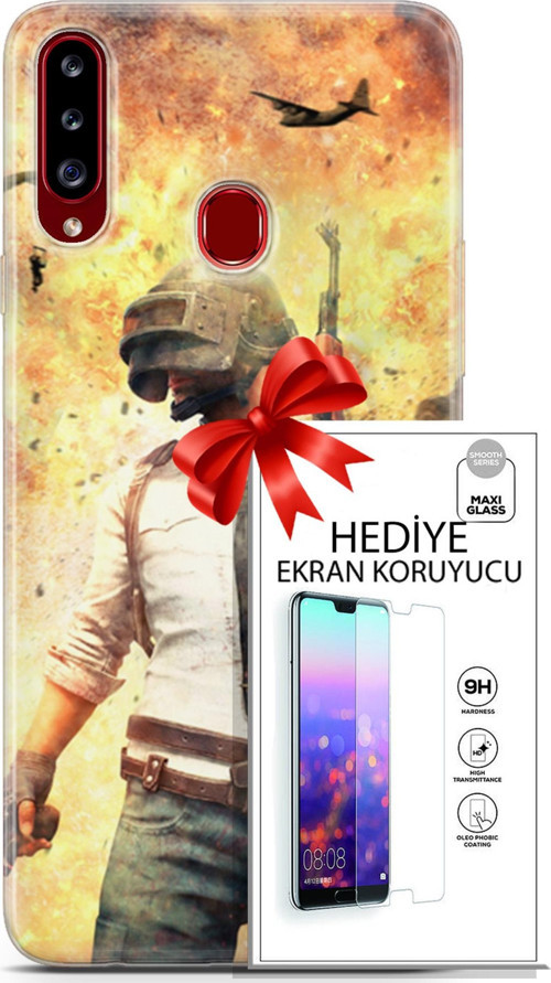 Samsung Galaxy A20S Kılıf Orijinal Seri Pubg 29 Uçak Paraşüt Leke Tutmaz Kapak + Ekran Koruyucu