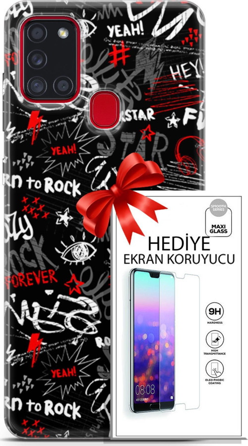 Samsung Galaxy A21S Kılıf Orijinal Seri Punky 25 Yeah Rock Soyulmayan Kılıf + Ekran Koruyucu Full Koruma
