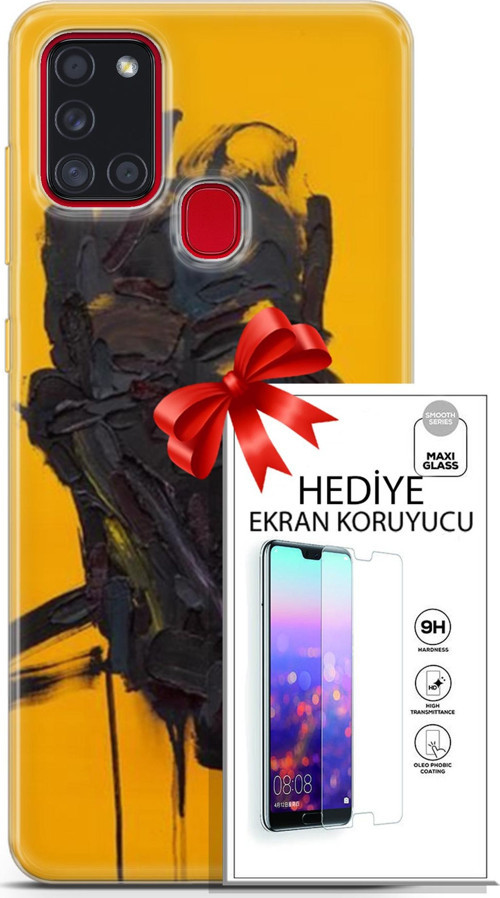 Samsung Galaxy A21S Kılıf Orijinal Seri Soul 07 Sarı Siyah Desenli Kılıf + Ön Ekran Koruyucu