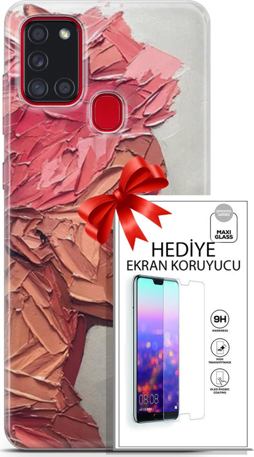 Samsung Galaxy A21S Kılıf Orijinal Seri Soul 08 Pembe Baskılı Kılıf + Ekran Koruyucu