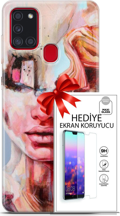 Samsung Galaxy A21S Kılıf Orijinal Seri Soul 14 Beyaz Kırmızı Cover Kılıf + Ön Ekran Koruyucu