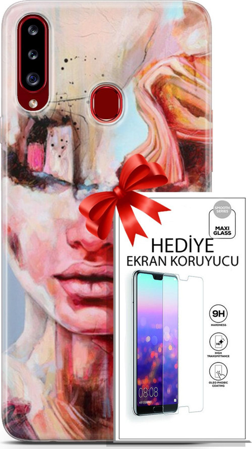 Samsung Galaxy A20S Kılıf Orijinal Seri Soul 14 Beyaz Kırmızı Cover Kılıf + Ön Ekran Koruyucu