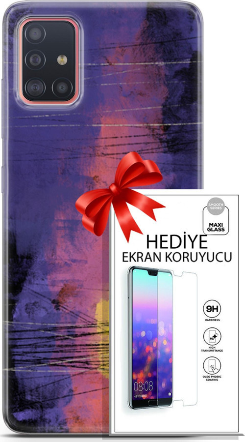 Samsung Galaxy A51 Kılıf Orijinal Seri Nature 04 Mor Kırmızı Silikon Kılıf + Ekran Koruyucu Full Koruma