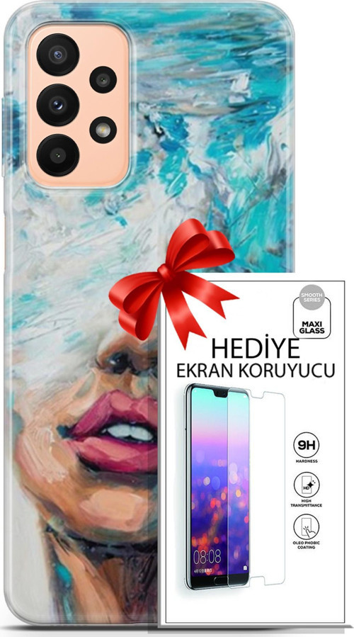 Samsung Galaxy A23 4G Kılıf Orijinal Seri Soul 12 Beyaz Mavi Tasarım Kılıf + Ekran Koruyucu