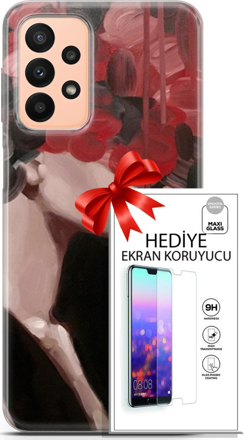 Samsung Galaxy A23 4G Kılıf Orijinal Seri Soul 19 Kırmızı Pembe Siyah Tam Koruma Kılıf + Ekran Koruyucu