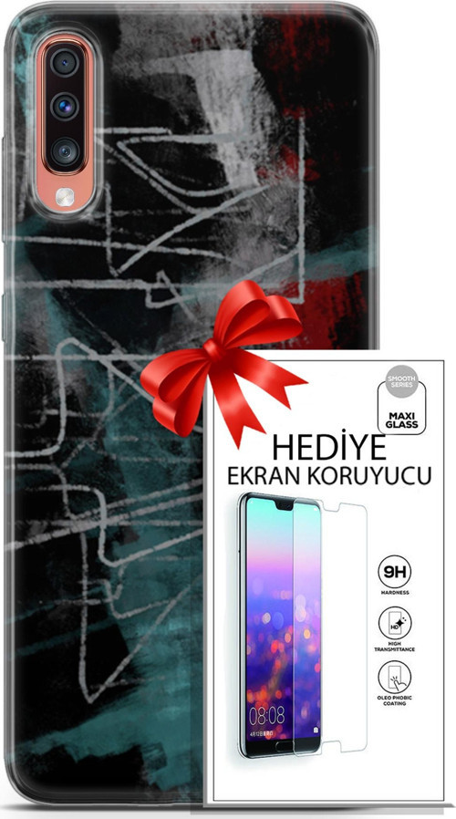 Samsung Galaxy A70 Kılıf Orijinal Seri Nature 07 Gri Çizgiler Desenli Kılıf + Ön Ekran Koruyucu