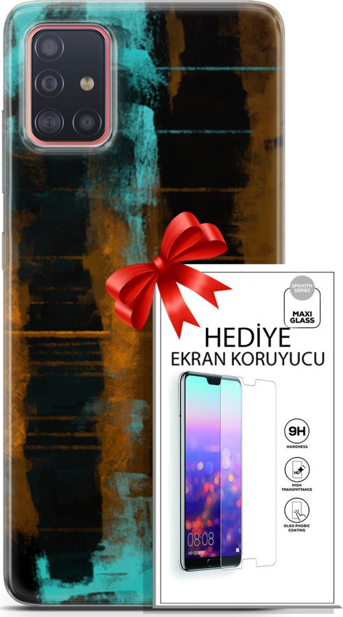 Samsung Galaxy A51 Kılıf Orijinal Seri Nature 05 Turkuaz Siyah Koruma Kılıfı + Ekran Koruyucu