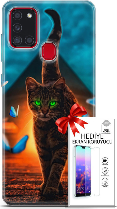 Samsung Galaxy A21S Kılıf Orijinal Seri Algorand 09 Yeşil Neon Kedi Uv Kılıf Ve Ekran Koruyucu