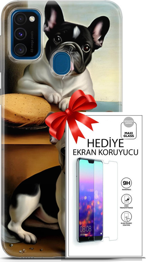 Samsung Galaxy M30S Kılıf Orijinal Seri Dogs 28 Fransız Bulldog İz Bırakmayan Kılıf + Ön Ekran Koruyucu