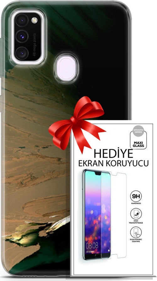 Samsung Galaxy M21 Kılıf Orijinal Seri Nature 02 Yeşil Sarı Kapak Ve Ekran Koruyucu