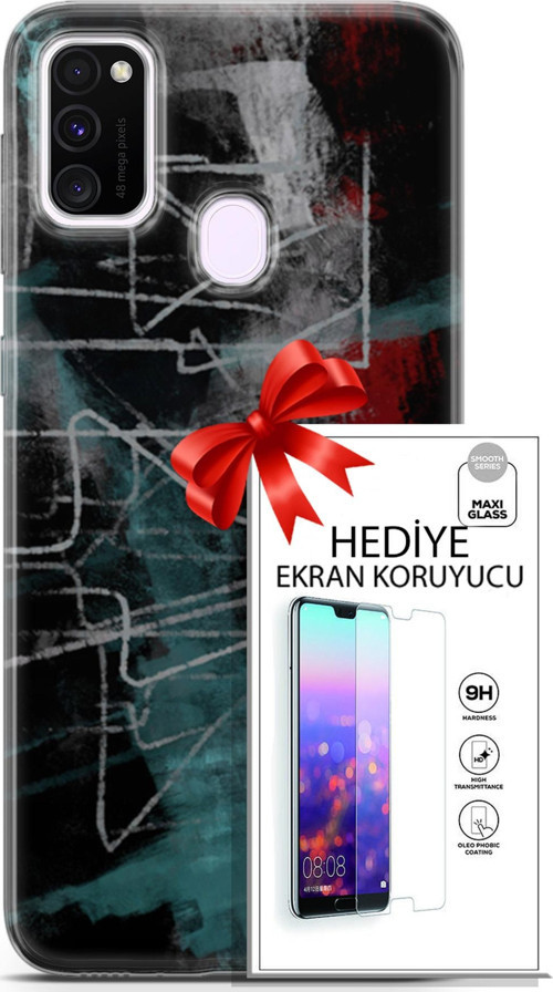 Samsung Galaxy M21 Kılıf Orijinal Seri Nature 07 Gri Çizgiler Desenli Kılıf + Ön Ekran Koruyucu