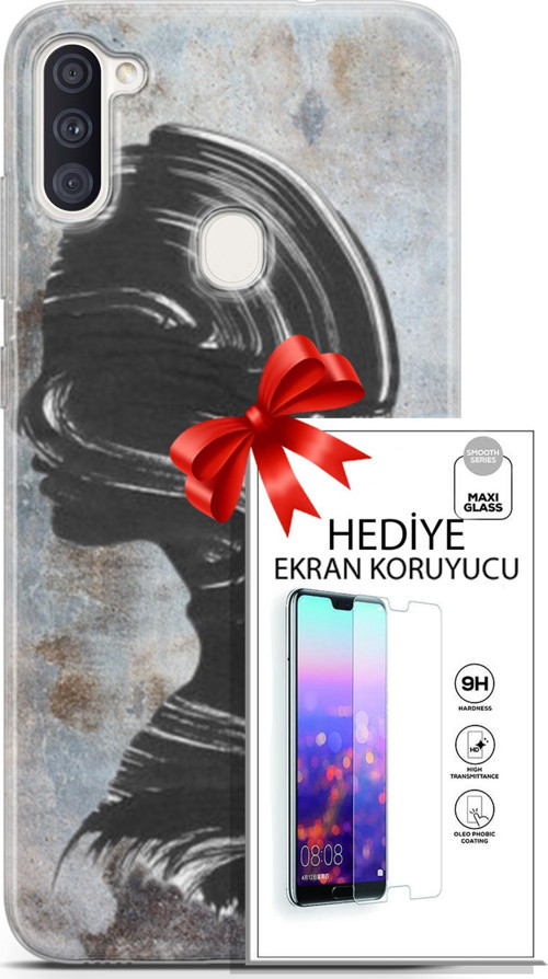 Samsung Galaxy M11 Kılıf Orijinal Seri Soul 18 Silüet Parlak Kılıf + Ekran Koruyucu Full Korumake