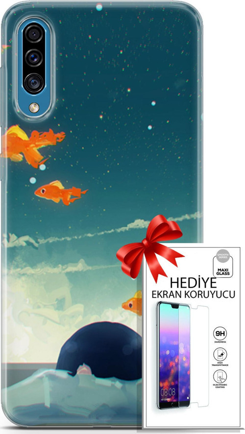 Samsung Galaxy A30S Kılıf Orijinal Seri Algorand 29 Uçan Balıklar Leke Tutmaz Kapak + Ekran Koruyucu