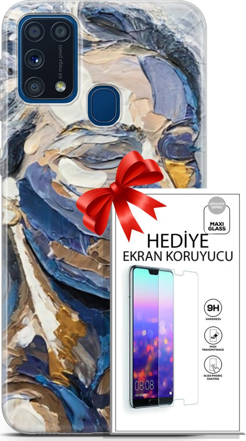 Samsung Galaxy M31 Kılıf Orijinal Seri Soul 06 Mavi Yüz Koruyucu Kapak Ekran Koruyucu