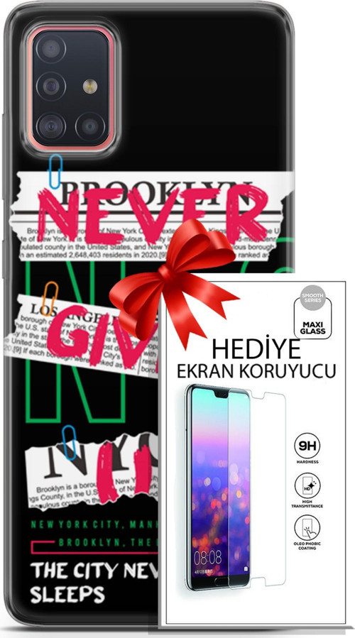 Samsung Galaxy A51 Kılıf Orijinal Seri Punky 21 Never Give Up Darbe Önleyici Kapak + Ön Ekran Koruyucu