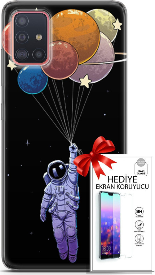 Samsung Galaxy A51 Kılıf Orijinal Seri Algorand 07 Uçan Balon Astronot Desenli Kılıf + Ön Ekran Koruyucu