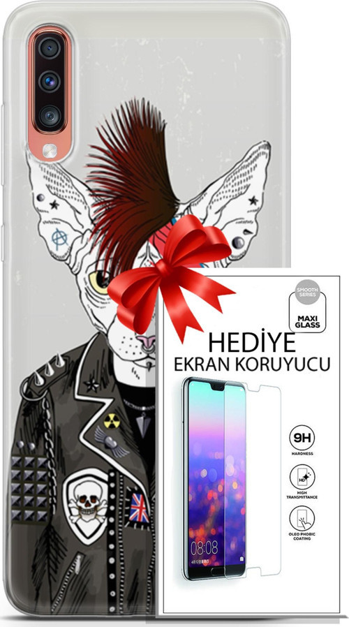 Samsung Galaxy A70 Kılıf Orijinal Seri Punky 06 Punk Kedi Sfenks Koruyucu Kapak Ekran Koruyucu