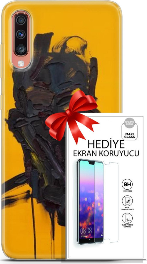 Samsung Galaxy A70 Kılıf Orijinal Seri Soul 07 Sarı Siyah Desenli Kılıf + Ön Ekran Koruyucu