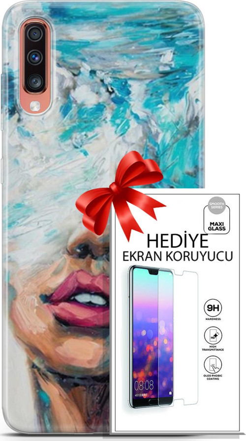 Samsung Galaxy A70 Kılıf Orijinal Seri Soul 12 Beyaz Mavi Tasarım Kılıf + Ekran Koruyucu