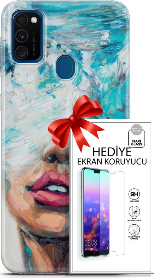 Samsung Galaxy M30S Kılıf Orijinal Seri Soul 12 Beyaz Mavi Tasarım Kılıf + Ekran Koruyucu
