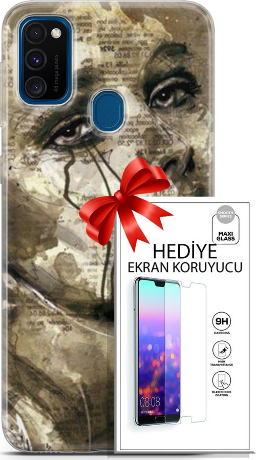 Samsung Galaxy M30S Kılıf Orijinal Seri Soul 17 Ağlayan Yüz Yumuşak Kılıf + Ekran Koruyucu
