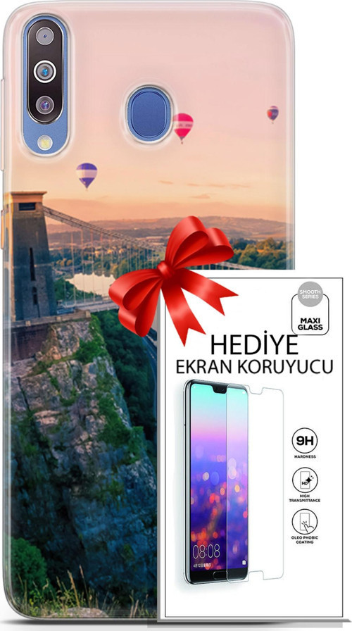 Samsung Galaxy M30 Kılıf Orijinal Seri Fantasy 07 Köprü Balonlar Desenli Kılıf + Ön Ekran Koruyucu