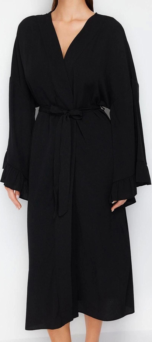 Moda Dokuma Regular Kalıp Uzun V Yaka Normal Kol Flamlı Pamuk Eteği Fırfırlı Düz Desen Kimono Kaftan